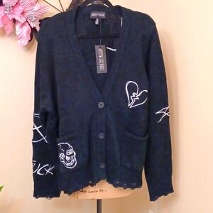 DOLLSKILL CURRENT MOOD BAD PLAY 2X BLACK LONG-SLEEVED CARDIGAN ANARKY EMBROIDERY